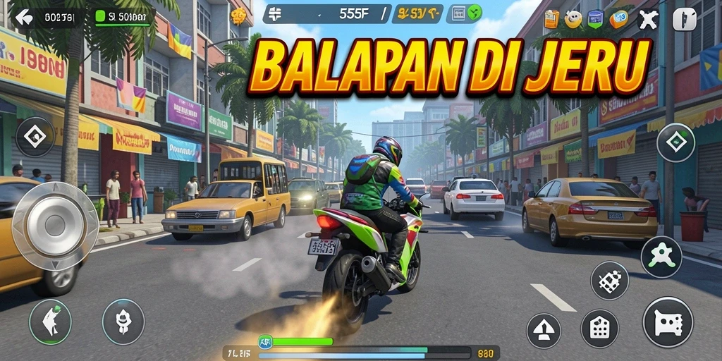 Tampilan gameplay balapan seru di 555F dengan mobil melaju kencang.