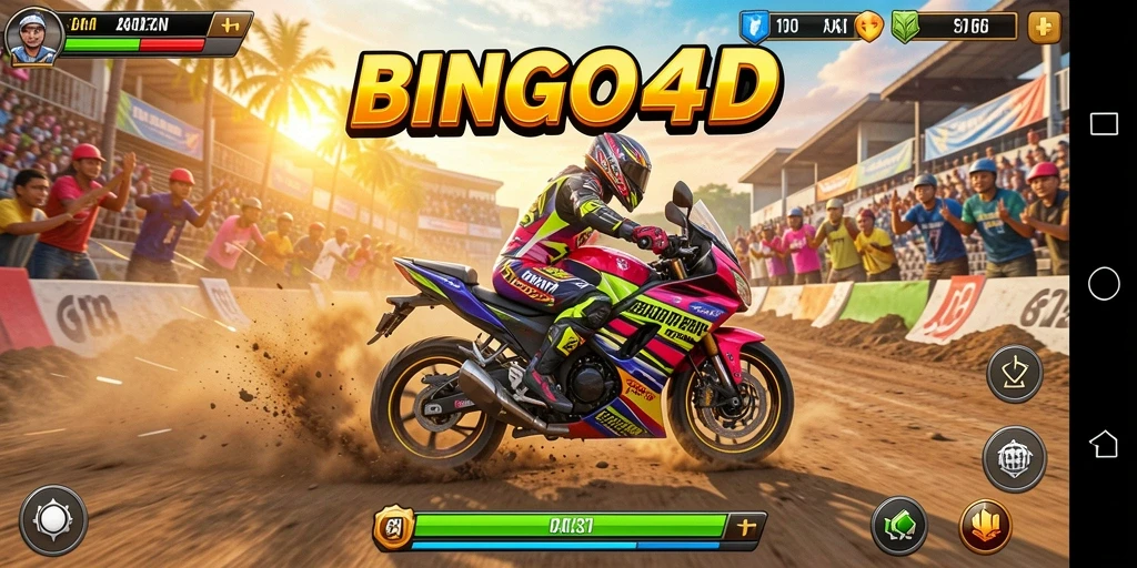 Screenshot permainan BINGO4D menampilkan aksi balapan motor yang seru.