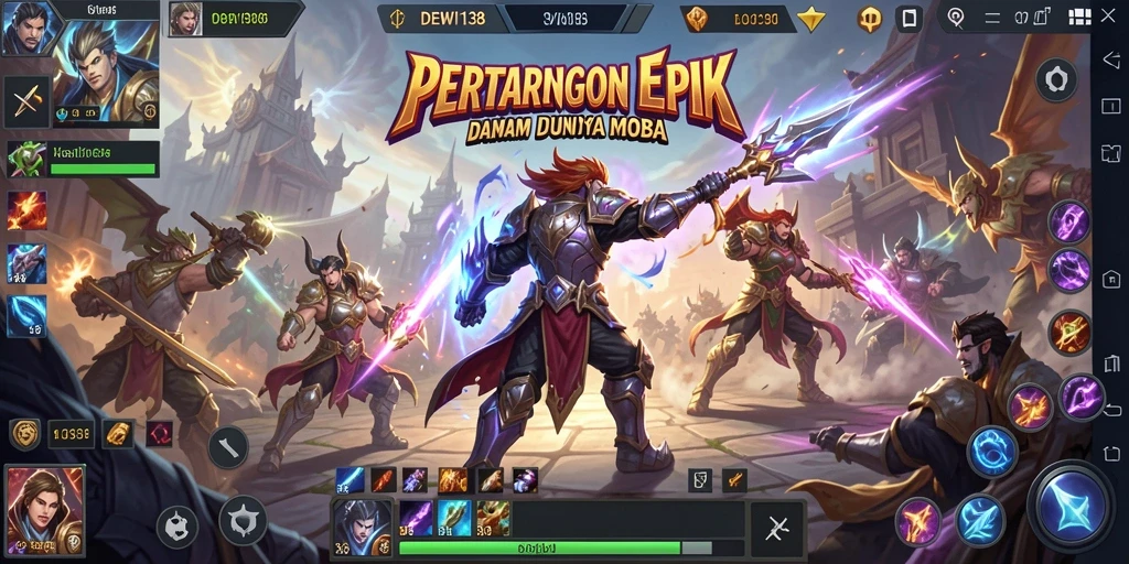 Cuplikan gameplay seru dalam DEWI138 yang penuh aksi MOBA.