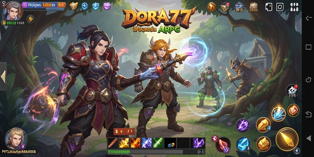 Screenshot gameplay DORA77 menampilkan pertarungan epik dan karakter yang menarik.